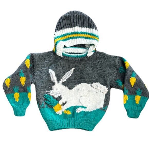 Handmade Bunny Easter Sweater With Hood Carrots - Picture 1 of 13